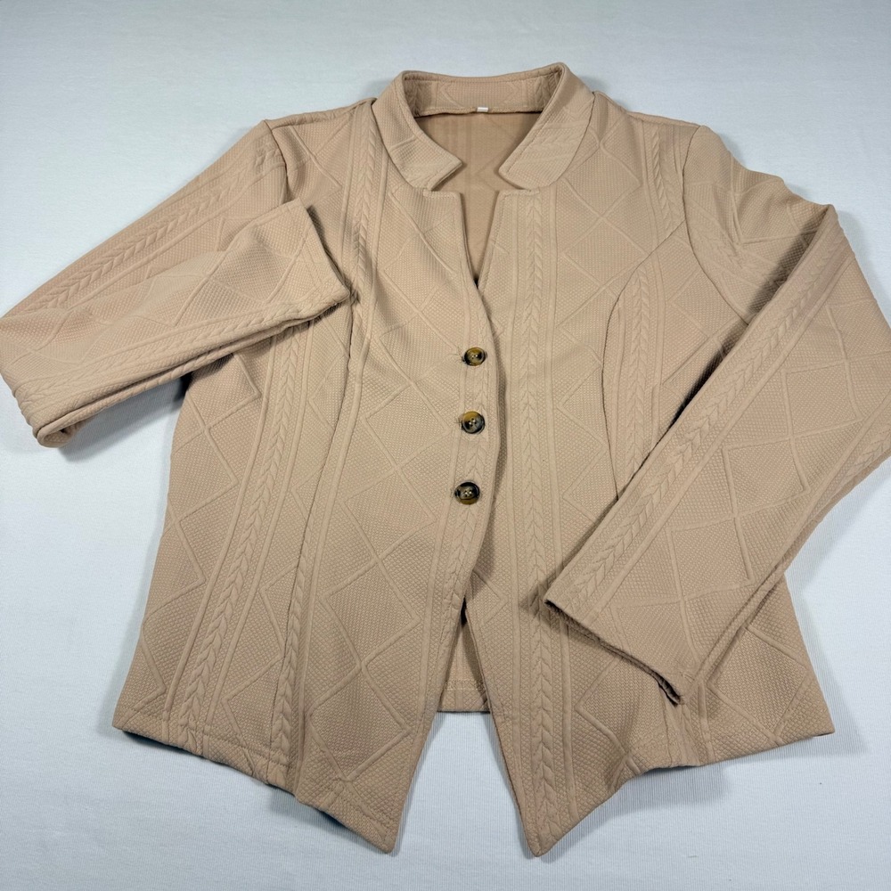 Textured Knit Blazer Jacket L Tan Cable Diamond Pattern Button Front